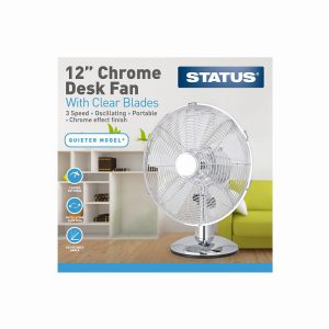 12″ Chrome Desk Fan Plastic Blade- Oscillating – 3 Speed Setting