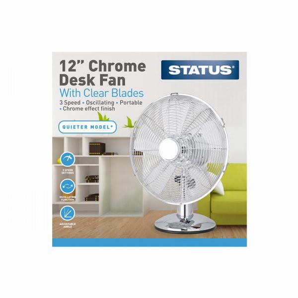 12" Chrome Desk Fan Plastic Blade- Oscillating - 3 Speed Setting