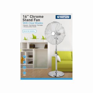 16″ Chrome Stand Fan Plastic Blade – Oscillating – 3 Speed Setti