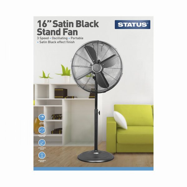 16" Satin Black Stand Fan - Oscillating - 3 Speed Settings