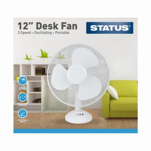 12″ White Desk Fan – Oscillating – 3 Speed Settings