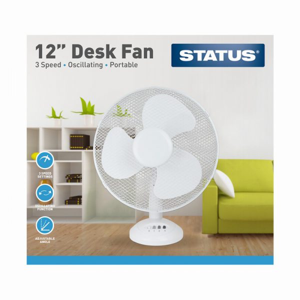 12" White Desk Fan - Oscillating - 3 Speed Settings