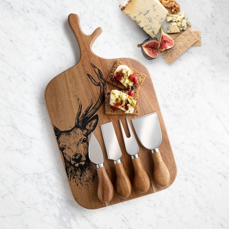 Stag Acacia Cheese Board Four Piece Cheese Knife Set