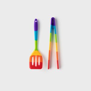 Mini Rainbow Silicone Slotted Turner & Tongs Set