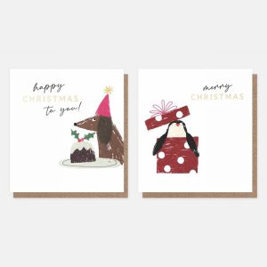Sausage Dog And Penguin Present Charity Christmas Cards Pack of