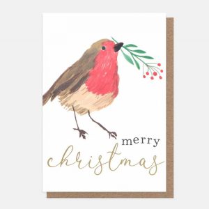 Robin With Sprig Small Christmas Card Pack of 10