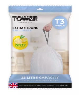 Tower T878002 25L Lemon Scented Bin Liners, 20 Pack, White