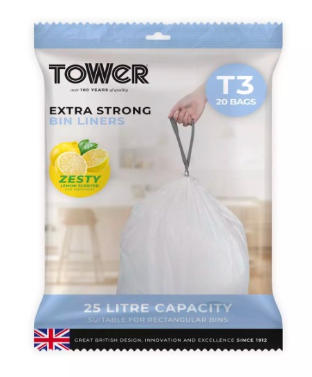 tower t878002 25l lemon scented bin liners, 20 pack, white