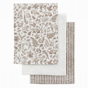 Three Pack Etched Woodland Tea Towel Natural