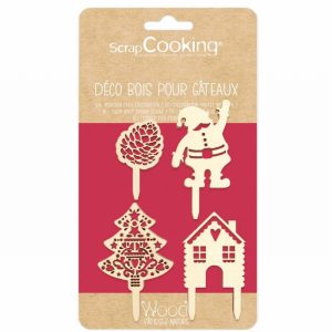 CHRISTMAS WOODEN CAKE DECORATIONS SET OF 4