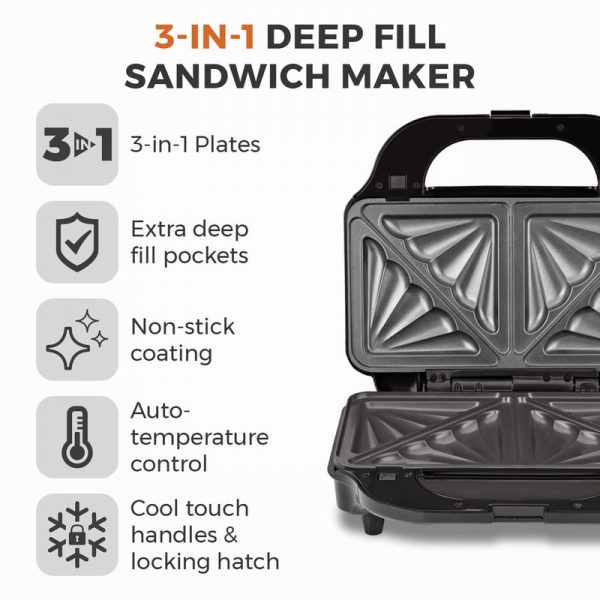 tower 3 in 1 deep filled sandwich maker 900w t27032