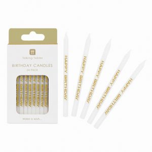 White & Gold ‘Happy Birthday’ Printed Candles – 24 Pack