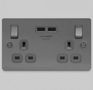 13A – 2 gang SP, switched, outboard rockers + 2 x USB