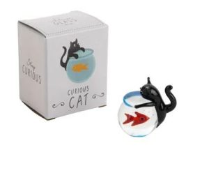 Artisan Glass Black Cat With Fish Bowl